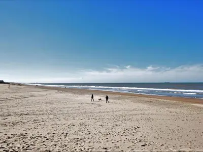 two people and a dog walking on the beach at Holiday Home in Noordwijk near the Beach in Noordwijk aan Zee