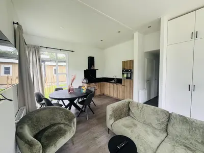 a living room with a couch and a table at Bungalowpark de Horn - Floresta 215 in Dirkshorn