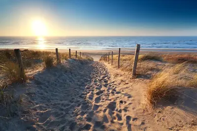 a sandy beach with a fence and the ocean at Studio Campo in Bentveld