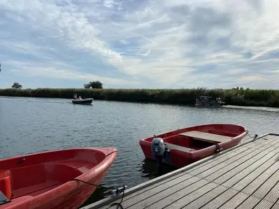 two boats are docked at a dock on a lake at Design huisje vrij in het groen in IJsselstein