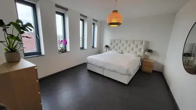 a bedroom with a white bed and a potted plant at B&B Kopwest 2 in Purmerend