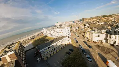 an aerial view of a city and the ocean at Seebrise Apartment with parking in Zandvoort