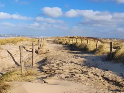 a dirt path through the sand on a beach at Holiday Home in Bergen near Bergerbos Forest in Bergen
