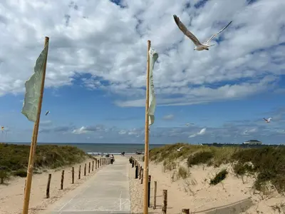 a pathway to the beach with flags and a bird at Holiday Home Plevier Comfort-2 by Interhome in Noordwijk