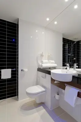a bathroom with a sink and a toilet and a mirror at Holiday Inn Express Amsterdam - Schiphol by IHG in Hoofddorp