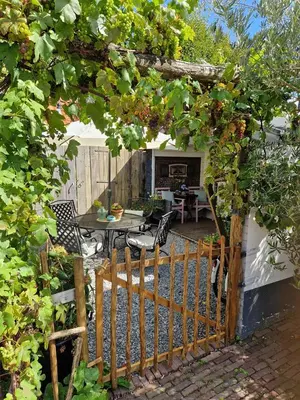 a garden with a wooden fence and a table and chairs at Bed & Bentwoud in Benthuizen