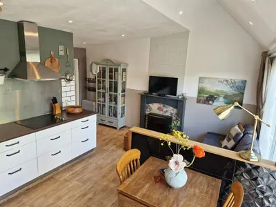 a kitchen and living room with a table and a stove at Bed & Bentwoud in Benthuizen