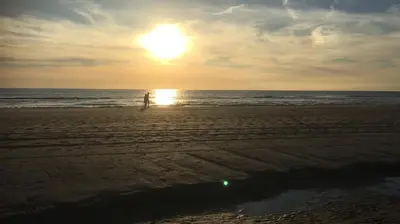 a person walking on the beach at sunset at Das Luxus Dünenhäuschen mit Wellnesszugang in Egmond aan Zee