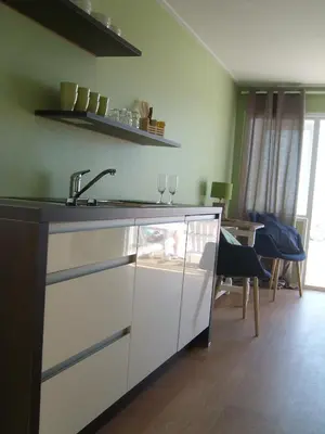 a kitchen with a sink and a table with wine glasses at Luxe Strandhuisje op het strand van Wijk aan Zee met wifi in Wijk aan Zee