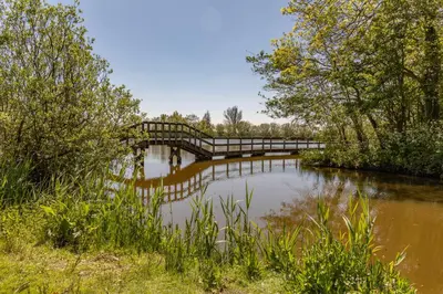 a bridge over a body of water with trees at Bungalow 36 op Recreatiepark De Wielen in Sint Maarten