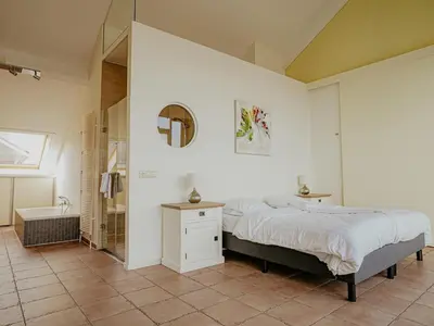 a bedroom with a bed and a shower and a tub at Penthouse with Lake Views in Uitgeest
